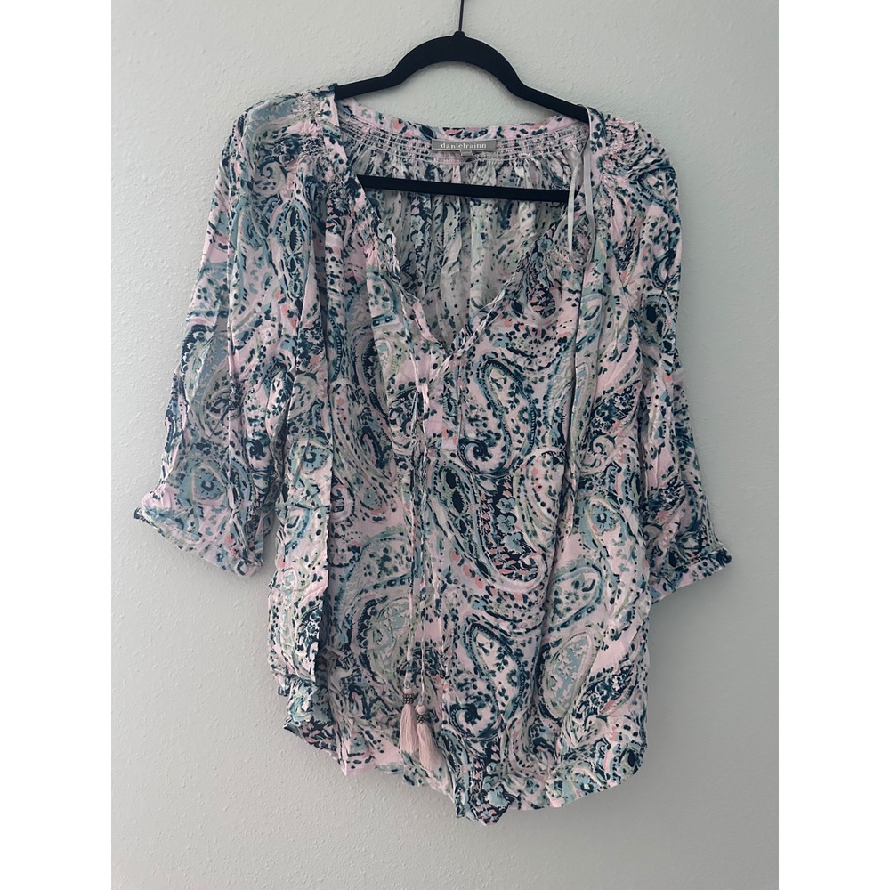 Daniel Rainn Women 1X Pink Teal Paisley Tassel Tie Peasant Blouse 3/4 Sleeve Top